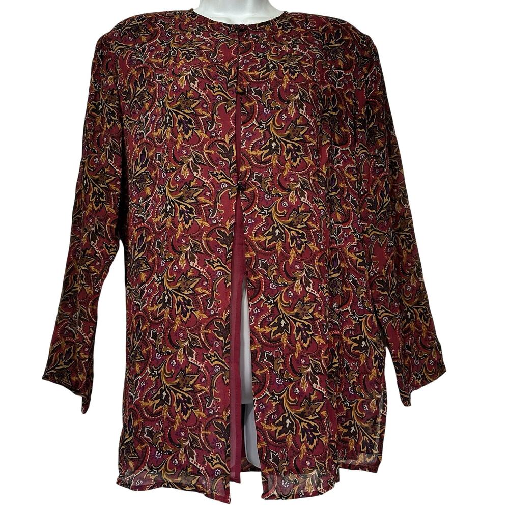 vintage silk boutique red gold floral side slit button up blouse Size S
